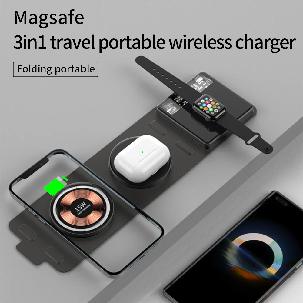 

3 в 1, магнитное Беспроводное зарядное устройство 15 Вт для IPhone 12 Pro Max/13, Apple Watch/ Airpods, дорожный портативный держатель для быстрой зарядки Bmw X5