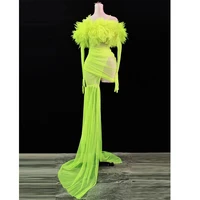 fluorescent green off shoulder transparent trailing dress women singer catwalk party dress nightclub show stage costume