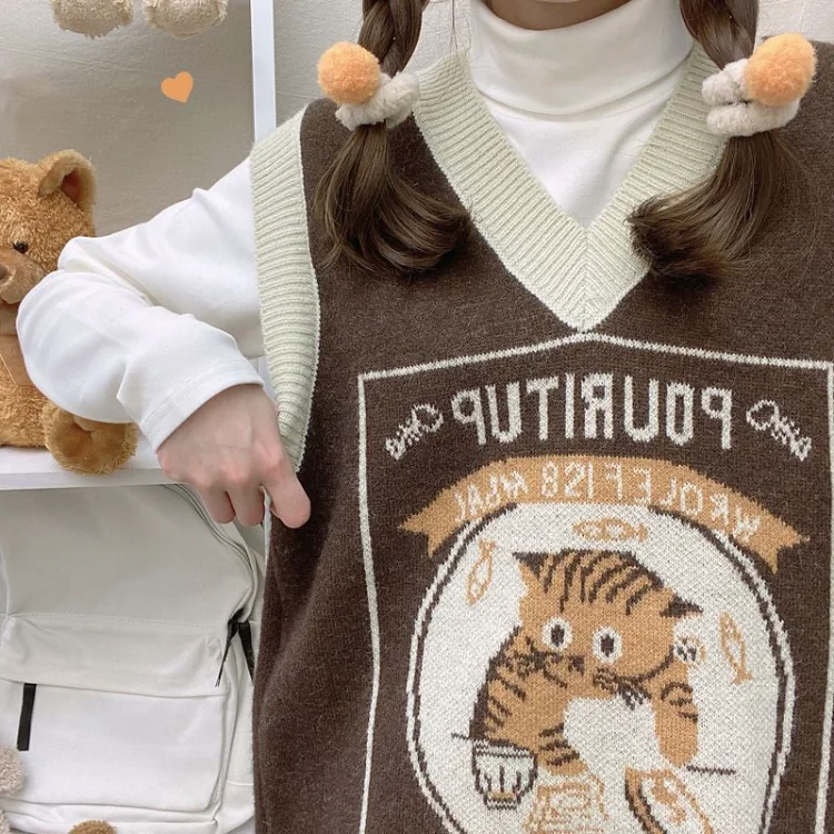

Harajuku Kawaii V-neck Cartoon Cat Knitted Vest Women Autumn E-Girl Sleeveless Tops Mujer Y2k Grunge Mid-length Loose Sweaters