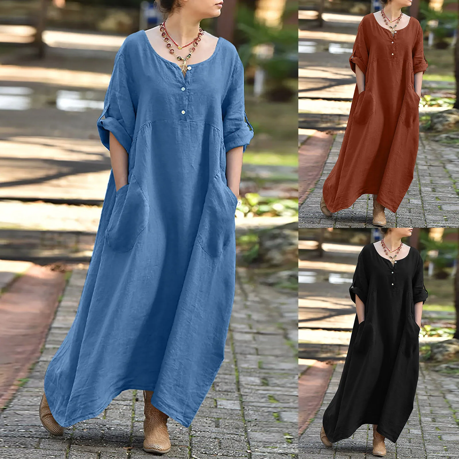 

Женское однотонное богемное Свободное длинное платье, модный Повседневный Сарафан с карманами, женские платья-туники с длинным рукавом