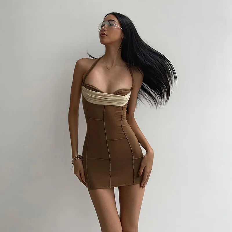 

Шикарный элегантный атласный облегающий с открытой спиной, скользящий гофрированный мини-браслет, Женский 2022, Pesta Musim Panas Gaun Terbuka Kembali Pakaian Seksi ...