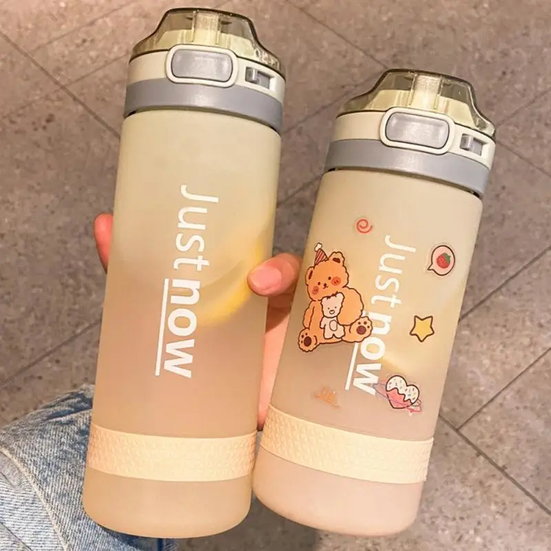 

600ml Simple Style Water Bottle With Straw BPA Free Cup Portable Outdoor Sport Drinking Plastic Bottles With Cartoon Stickers