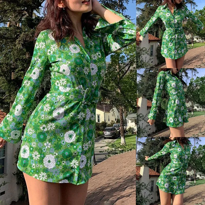 

Женское винтажное платье-рубашка с длинным рукавом, поясом и пуговицами