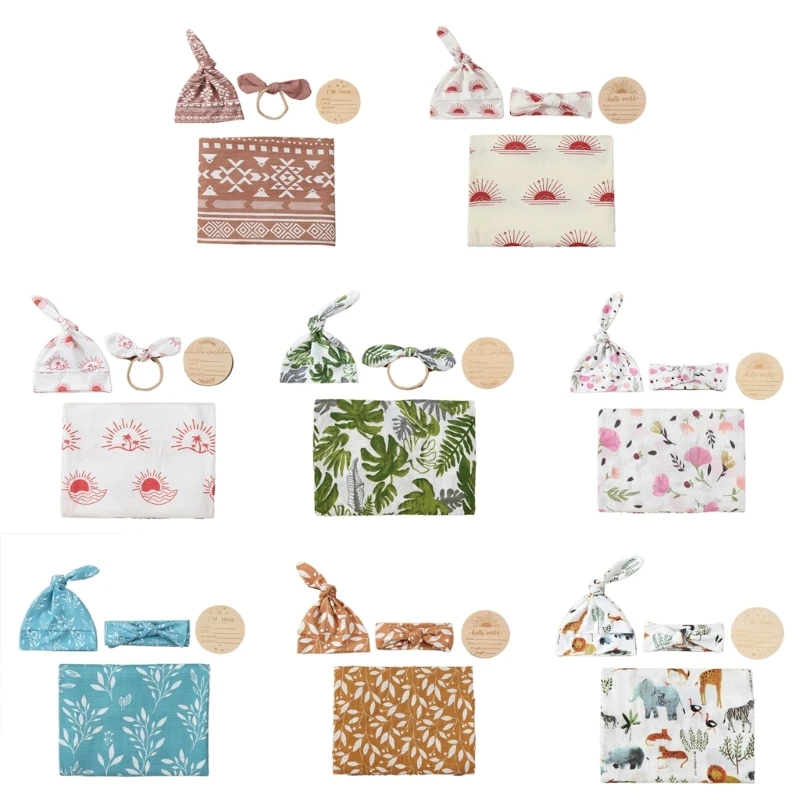

Newborn Swaddles Blanket Hat Hairband Bath Towel Wrap Wrap Cloth with Fetal Cap Babies Shower Gift for Boys Girls H37A
