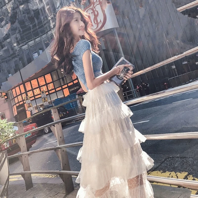 

Women's T-Shirt Long Skirts Two Piece Suit Summer Korean Style High Waist A-line Skirt Sets Fashion Femme Casual Clothes E76