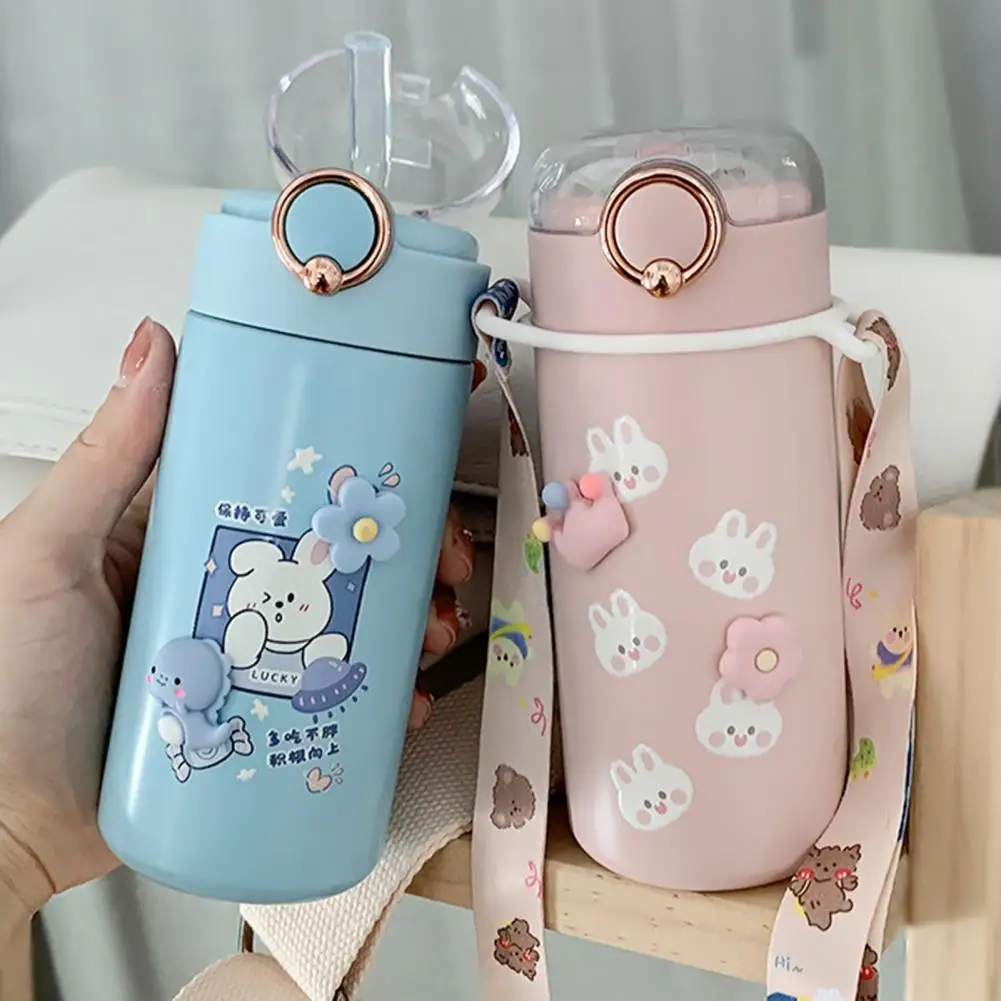 

350ml/480ml Water Bottle Food Grade Pressing Type Lid Adorable Lovely Portable Gift Stainless Steel Heat Preservation Straw Drin