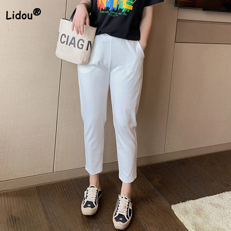 

Casual Elastic Waist Black White Trousers Summer Thin Ice Floss Pockets Plus Size High Elasticity Seven Points Straight Pants