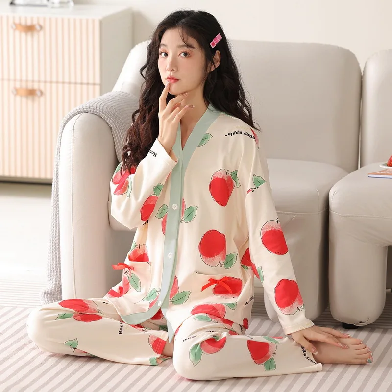 Yasuk Spring Autumn Fashion Women Casual Soft Print Sleepwear Homewear Pajamas With Pants Sweet Fruits Apple Girl Simple Cotton