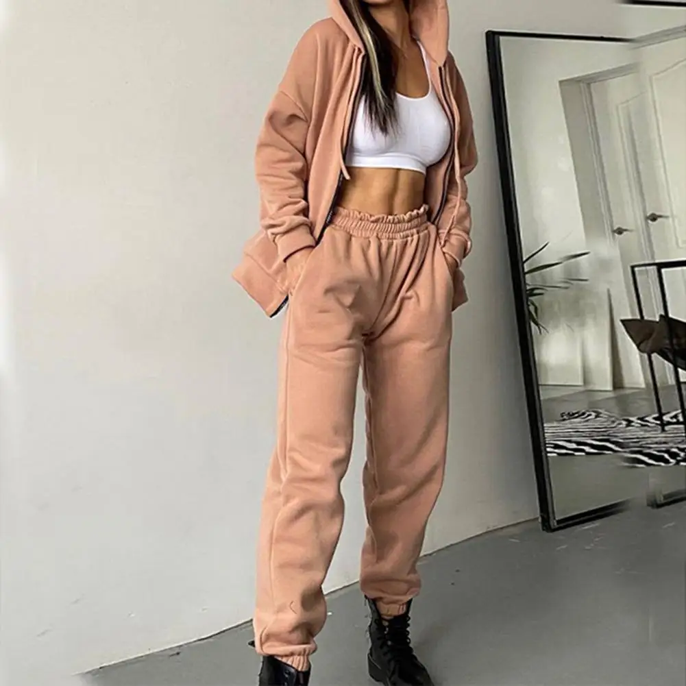 

2 Pcs/Set Trendy Women Tracksuit Solid Color Streetwear Autumn Tracksuit Solid Color Autumn Hoodie Pants Set