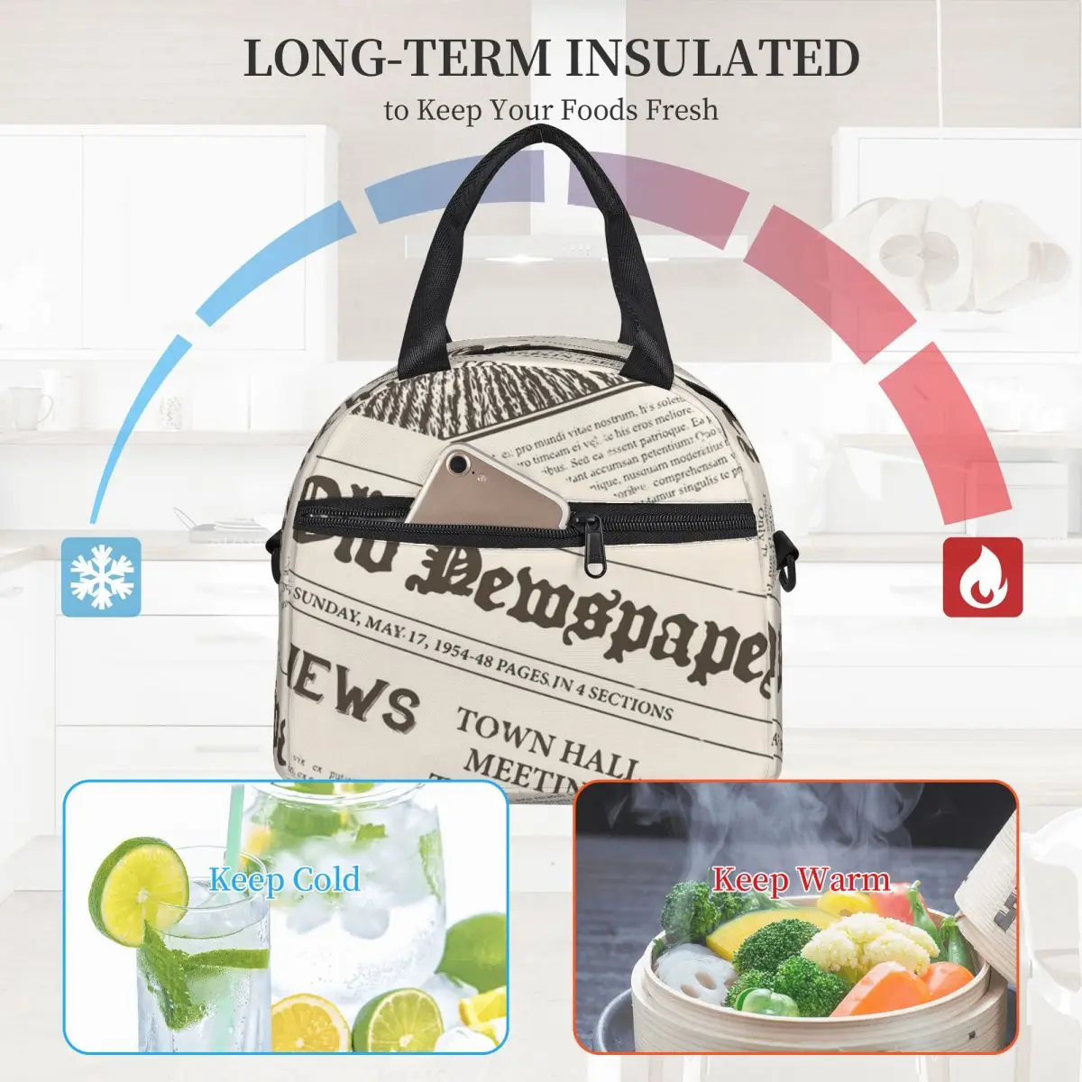 

Old Newspaper Lunch Bag For Women Vintage Letter Print Lunch Box Cute Work Cooler Bag Convenient Oxford Thermal Tote Handbags