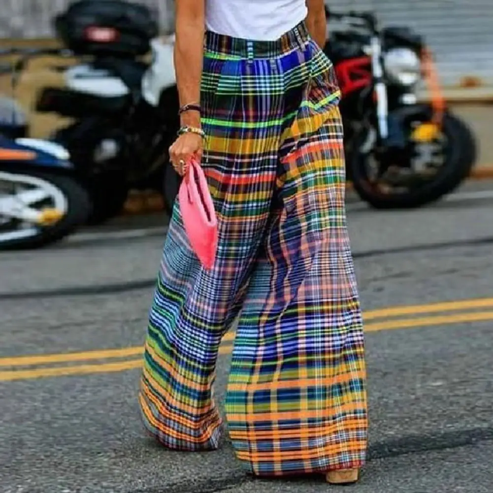 

Women Pants High Waist Elastic Waistband Women Pants Pockets Colorful Lady Slacks Straight Wide Leg Women Pants Streetwear