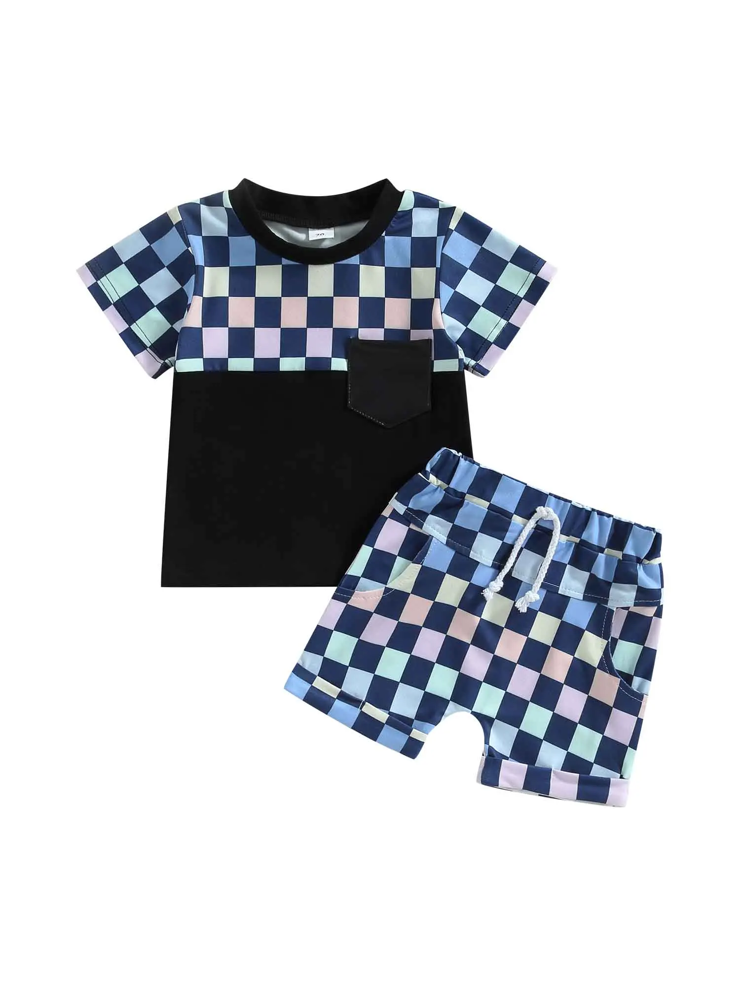 

Winkinlin Baby Boys Summer 2pcs Outfits Checkerboard Print Short Sleeve T-shirt with Breast Pocket and Elastic Casual Shorts Set