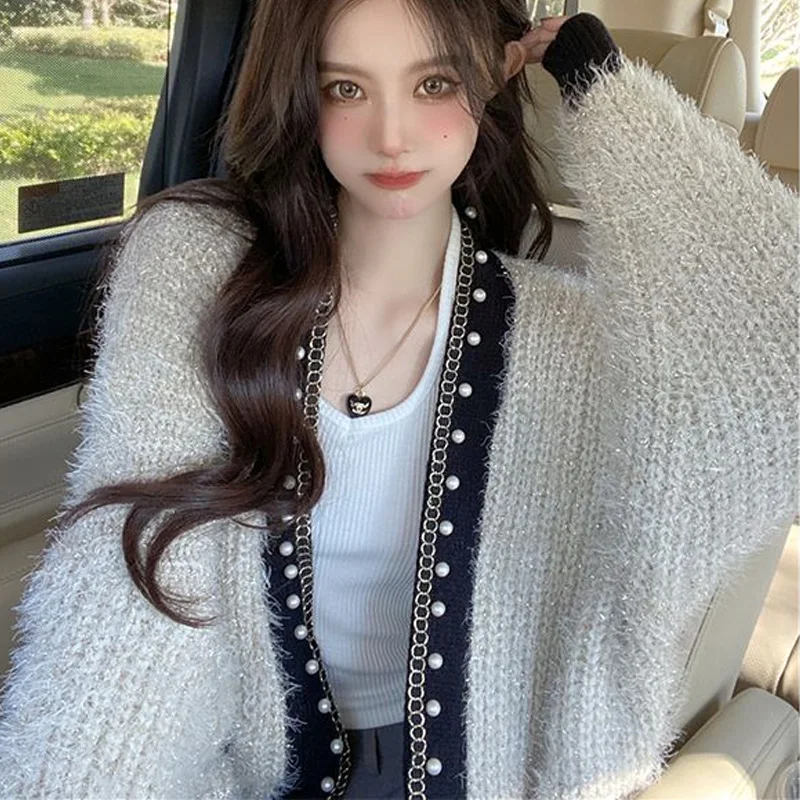 Женский однотонный кардиган с V-образным вырезом длинным рукавом