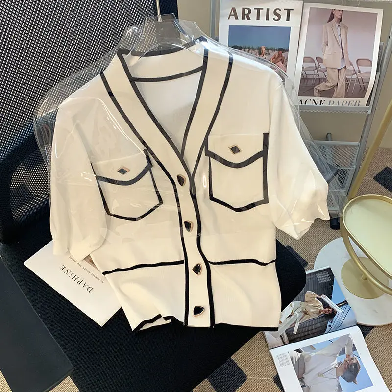 

French cardigans t shirt female bubble sleeve knitted cardigan short -sleeved female summer V -neck thin top ice silk cardigans