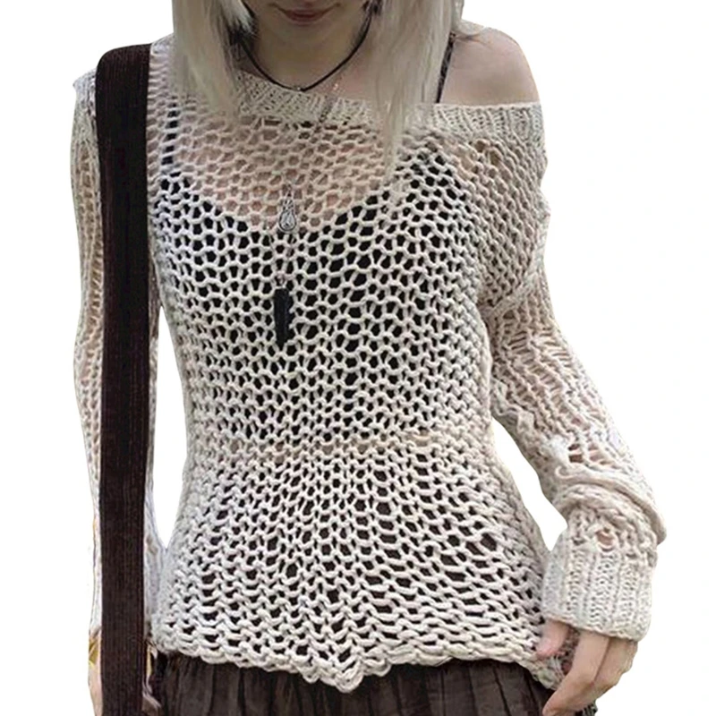 

New style Women Long Sleeve Hollow Out Sweater Crop Top Y2k Crochet Knit Pullover Shirt
