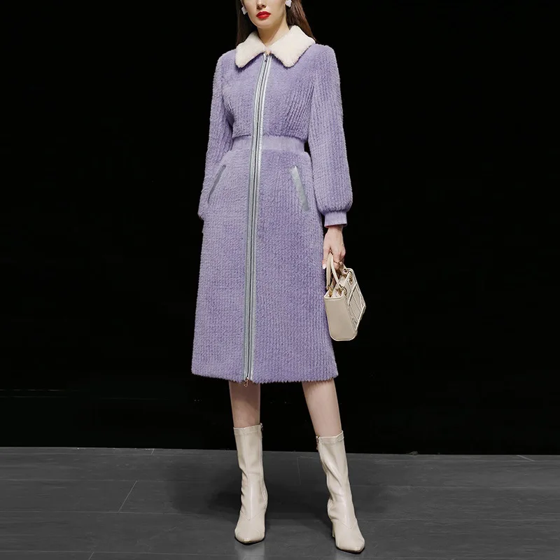 Women Winter Caot New Mink Plush Tweed Patchwork Slim Mid-length Fur Coat outwears