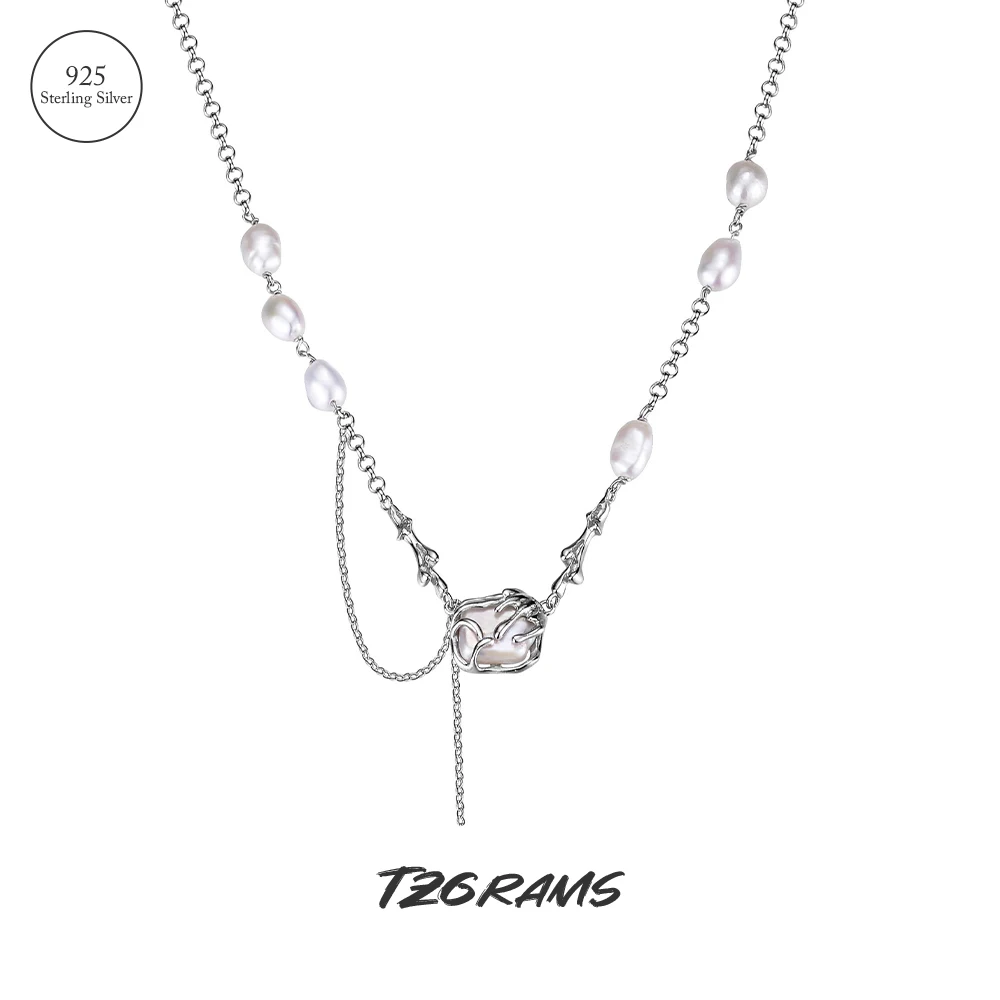 

TZgrams Y2k Necklace for Girl Square Natural Freshwater Baroque Pearl Pendant 925 Sterling Silver Unique Design Fashion Jewelry
