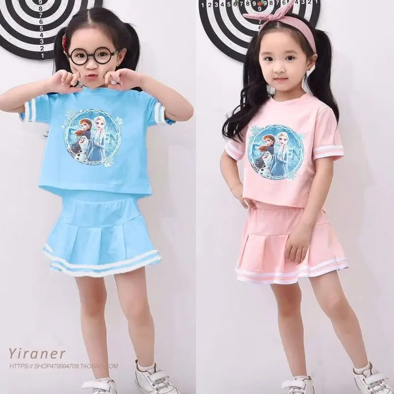 Children Baby Girl Cartoon Frozen Anna Elsa Olaf Clothing Set Short Sleeve T-Shirt+Skirts 2PCS Sets Cute Kid Costume Dress Suits