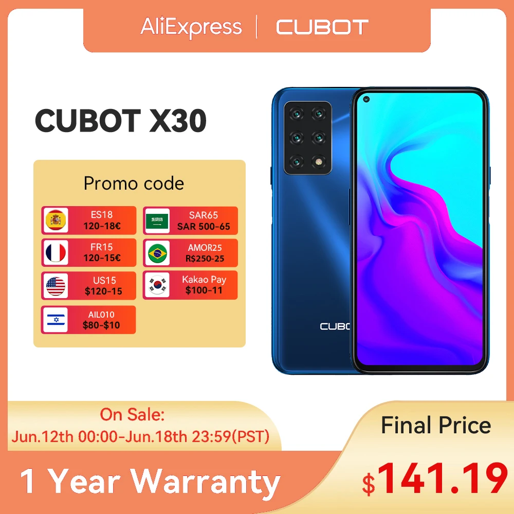Cubot X30 Smart Phone 48MP Five Rear AI Camera 128GB/256GB Cellphone NFC  6.4