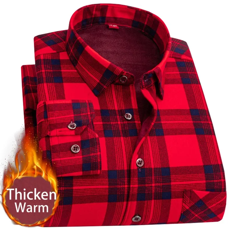 

Spring Winter Men's Long Sleeve Plaid Flannel Fur Lined Thick Work Shirts fleece warm long sleeve shirt for men dress shirts