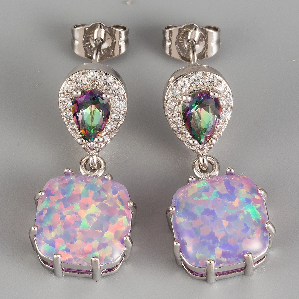 

KONGMOON Pear Mystic Rainbow Stone Lavender Purple Fire Opal Cabochon Silver Plated Jewelry for Women Piercing Drop Earrings