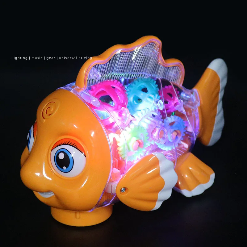 Electric Transparent Gear Plastic Fish Universal Walking Lights Music Educational Interactive Toys for Kids Children's Gifts