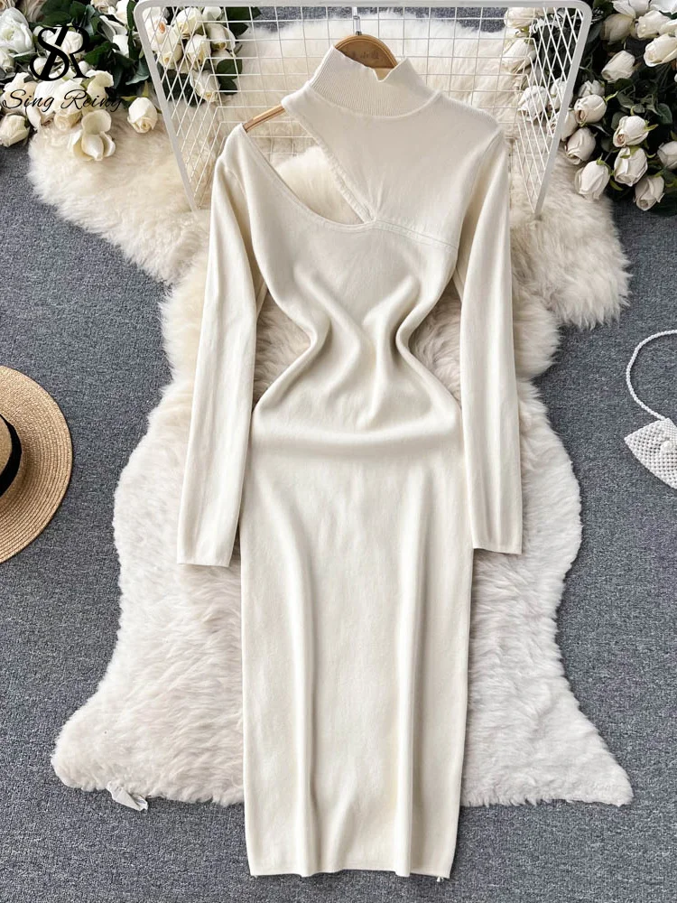 

LIRUICHENG Hollow Out Sexy Knitted Dress Off Shoulder Half High Collar Bodycon Ladies Senior Elastic Winter Long Sweater Dress