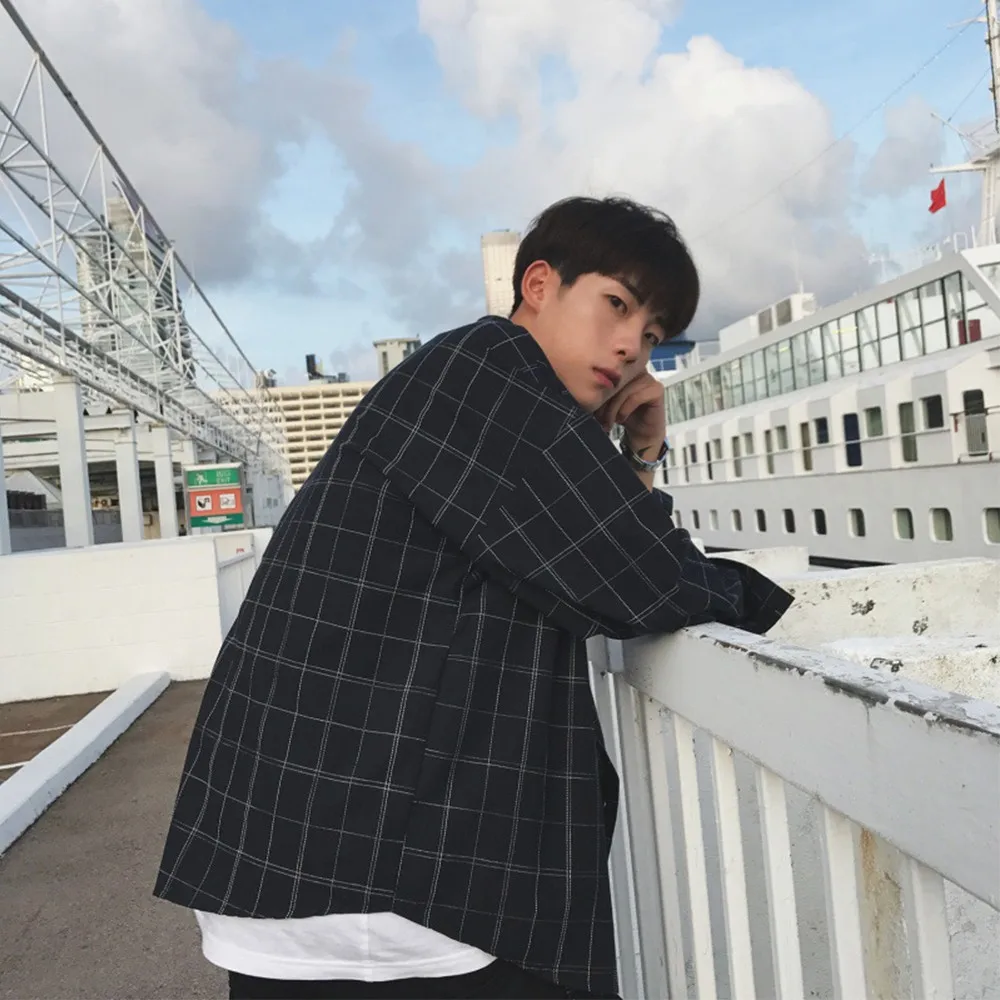 

Autumn Plaid Shirt Men Long Sleeve Button Up Fashion Korean Style Hip Hop Kpop Clothes 2021 Ulzzang Hawaiian Shirt Male Clothing