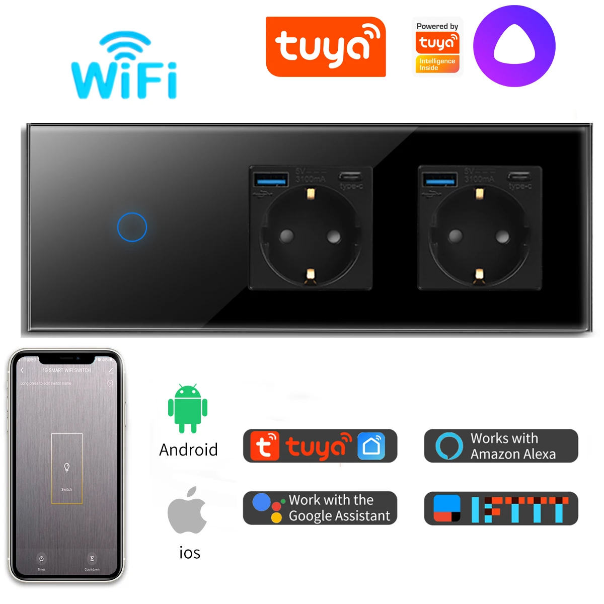 

Умный сенсорный выключатель Bingoelec с розеткой USB Type-C