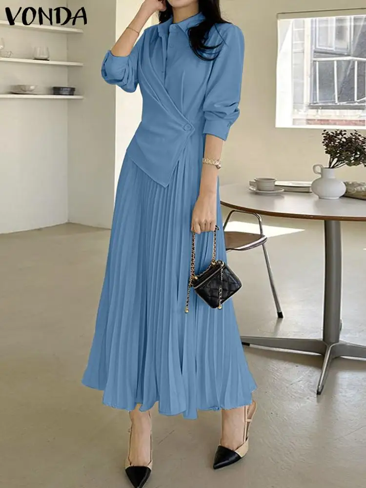 

VONDA Elegant Women Pleated Midi Dress 2023 Summer Vintage Casual Solid Color Party Sundress Buttons Long Sleeve Ruffled Vestido