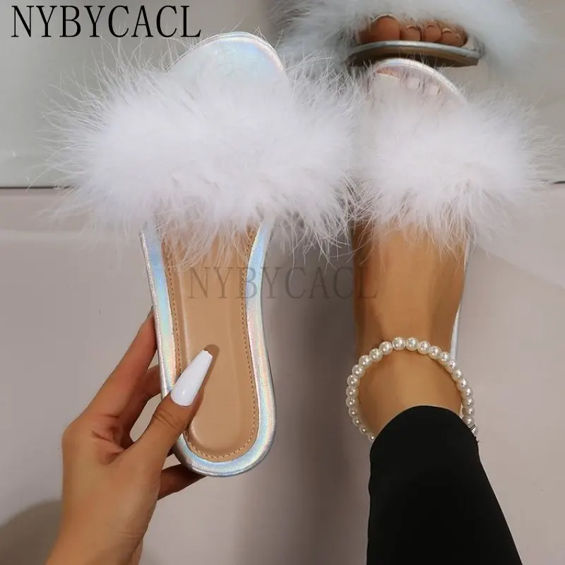 

Mules Slippers Women Fashion Square Toe Furry Flat Shoes Office Ladies Slides Flats White Black Zapatillas Mujer Fashion Summer