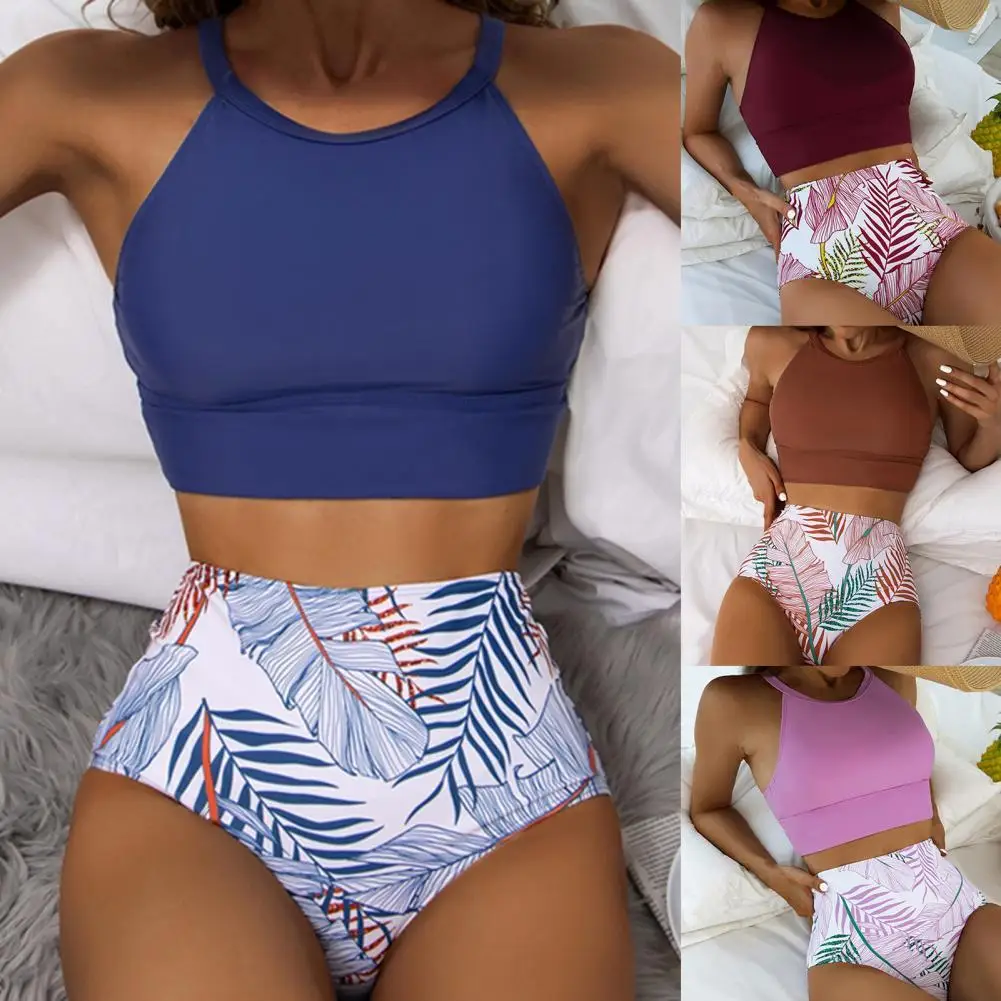 

2022 New Women Swimwear Bikini/Bikinis Set High Waist Leaf Print O Neck Elastic Summer Women Sexy Sport Bathing Suit Female