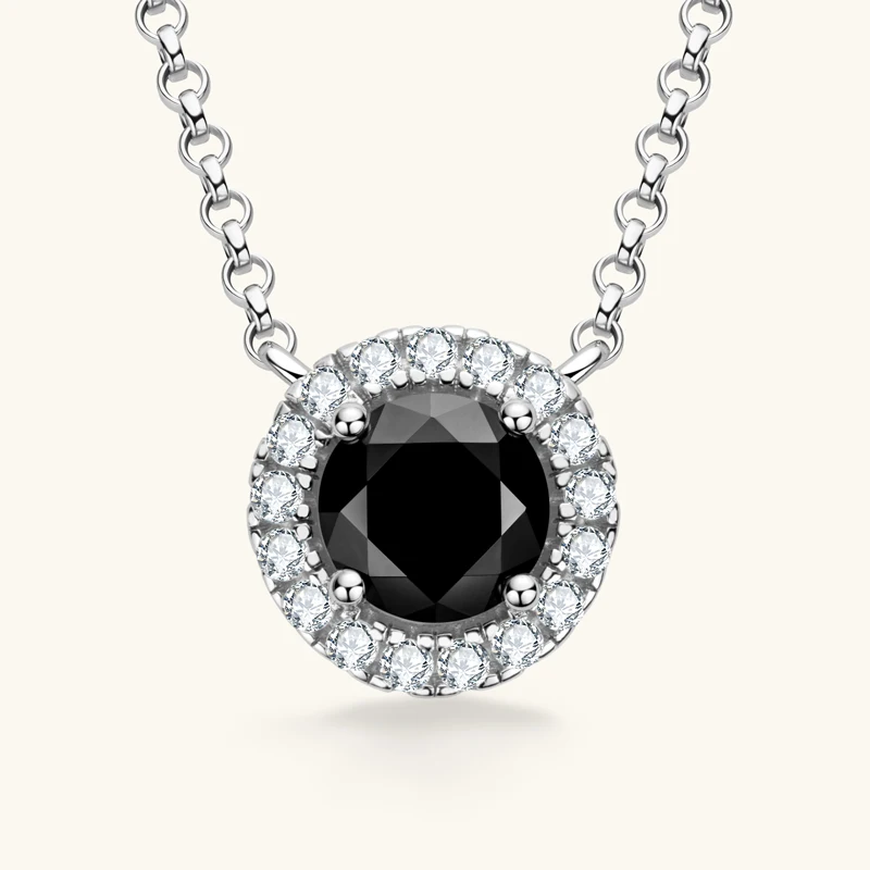 

Anziw Vintage Moissanite Pendant Necklace 925 Silver 1 Carat Round Black Diamond Halo Classic Women's Wedding Jewelry 45+5cm