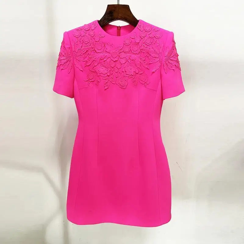 

2023 Fashion Rose Red Embroidery 3D Beads O-Neck Short Sleeve Slim Dresses 2XL Pink Elegant Women Formal Birthday Party Dress