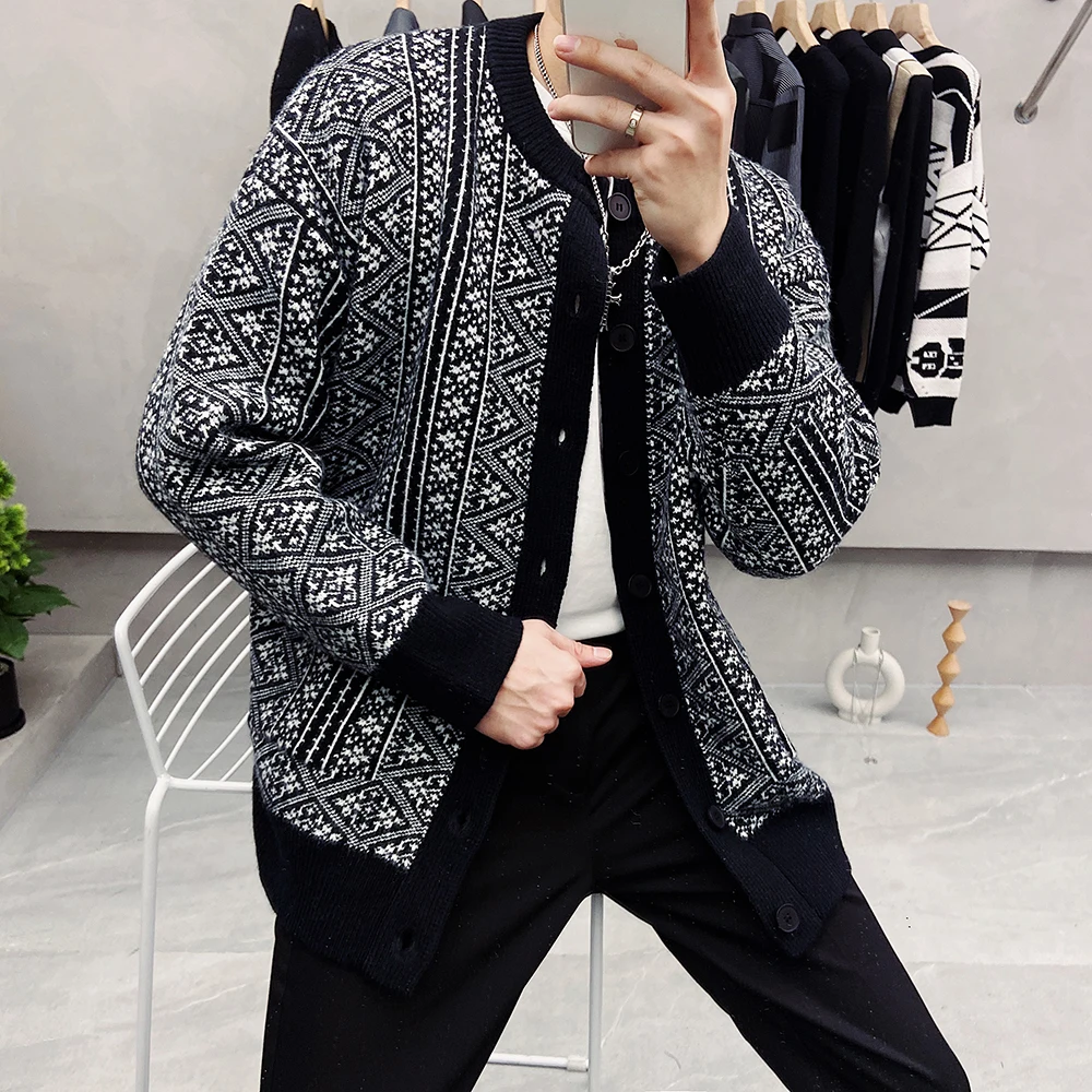 

Autumn Winter Cardigan Men Loose Jacquard Thick Wool Casual Sweater Coat Fashion Men's Long Sleeve Warm Knittwear Men Clothing