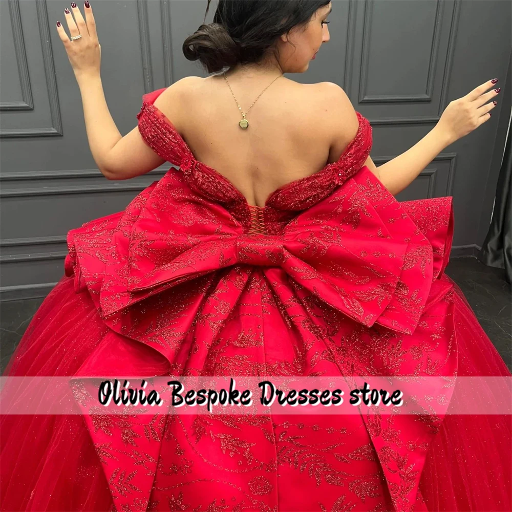 Fancy Red Bow Quinceanera Dresses 2025 For Birthday Party Beaded Lace Appliques Ball Gown vestido de 15 años quinceañera rojo