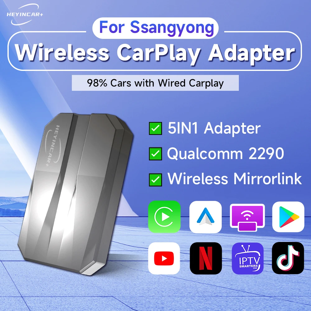 

2023 HEYINCAR 5IN1 Wired to Wireless CarPlay Android Auto Adapter For Ssangyong Korando Rexton Tivoli Stavic Musso Actyon Torres