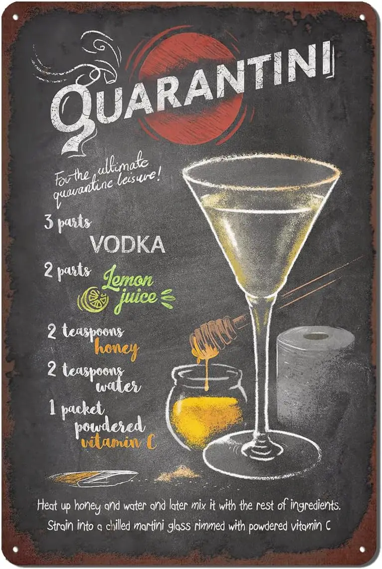 

Жестяная вывеска для коктейлей, винтажная металлическая вывеска для коктейлей, барные знаки для оформления детской комнаты 12X8 дюймов-карантин