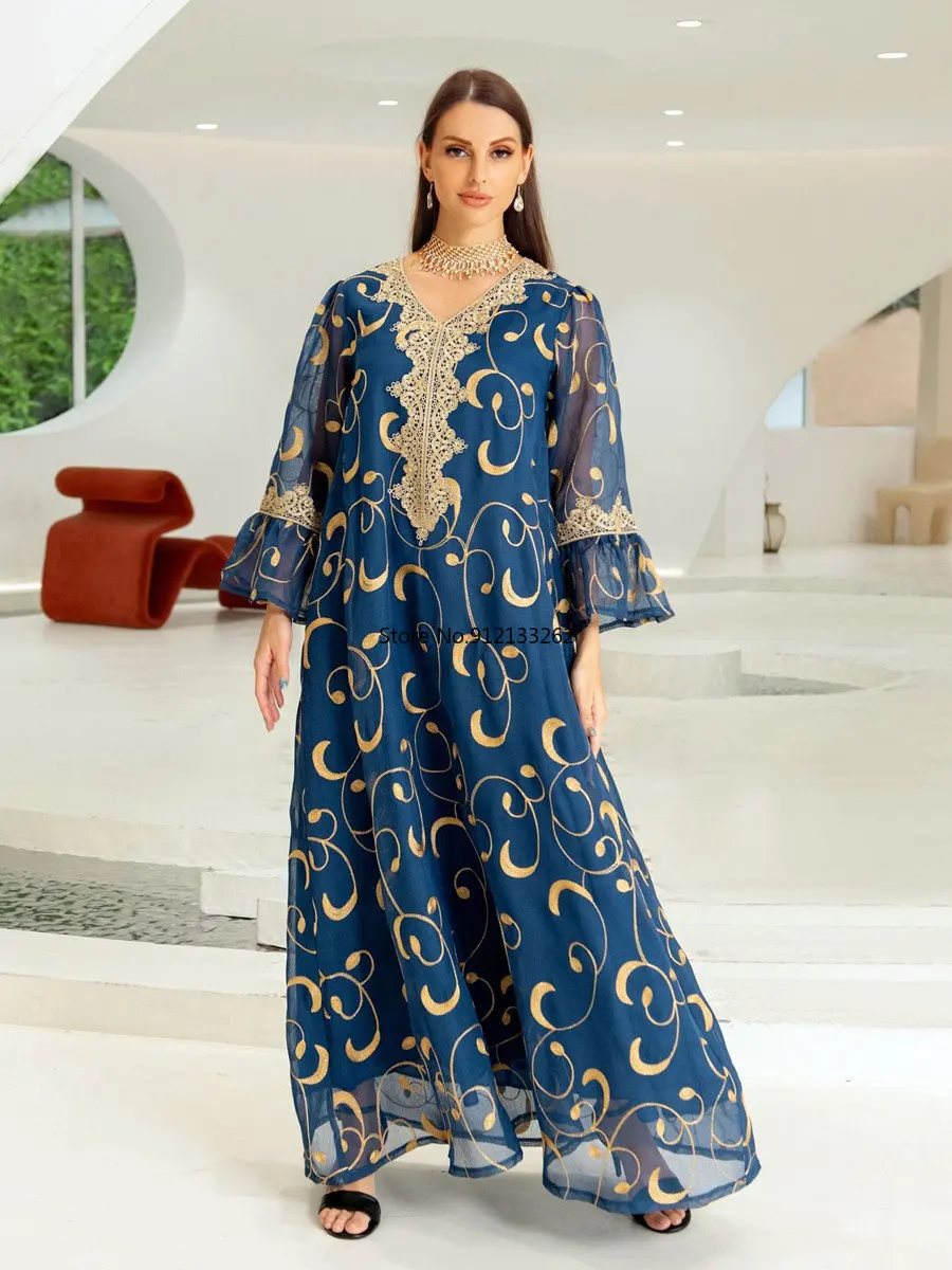 

Kaftan Vetement Femme Ramadan Robe Muslim Abaya Dress Turkey Blue Mesh Embroidery Evening Party Gown Bell Sleeve Long Dresses