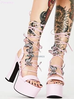 platform butterfly deco lace up sandals open toe chunky block heels sexy solid color slingback european women shoes summer new