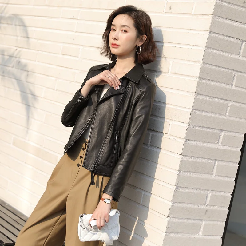 

Женское короткое кожаное пальто, мотоциклетное пальто из натуральной овечьей кожи в Корейском стиле, Весна-Осень 100%