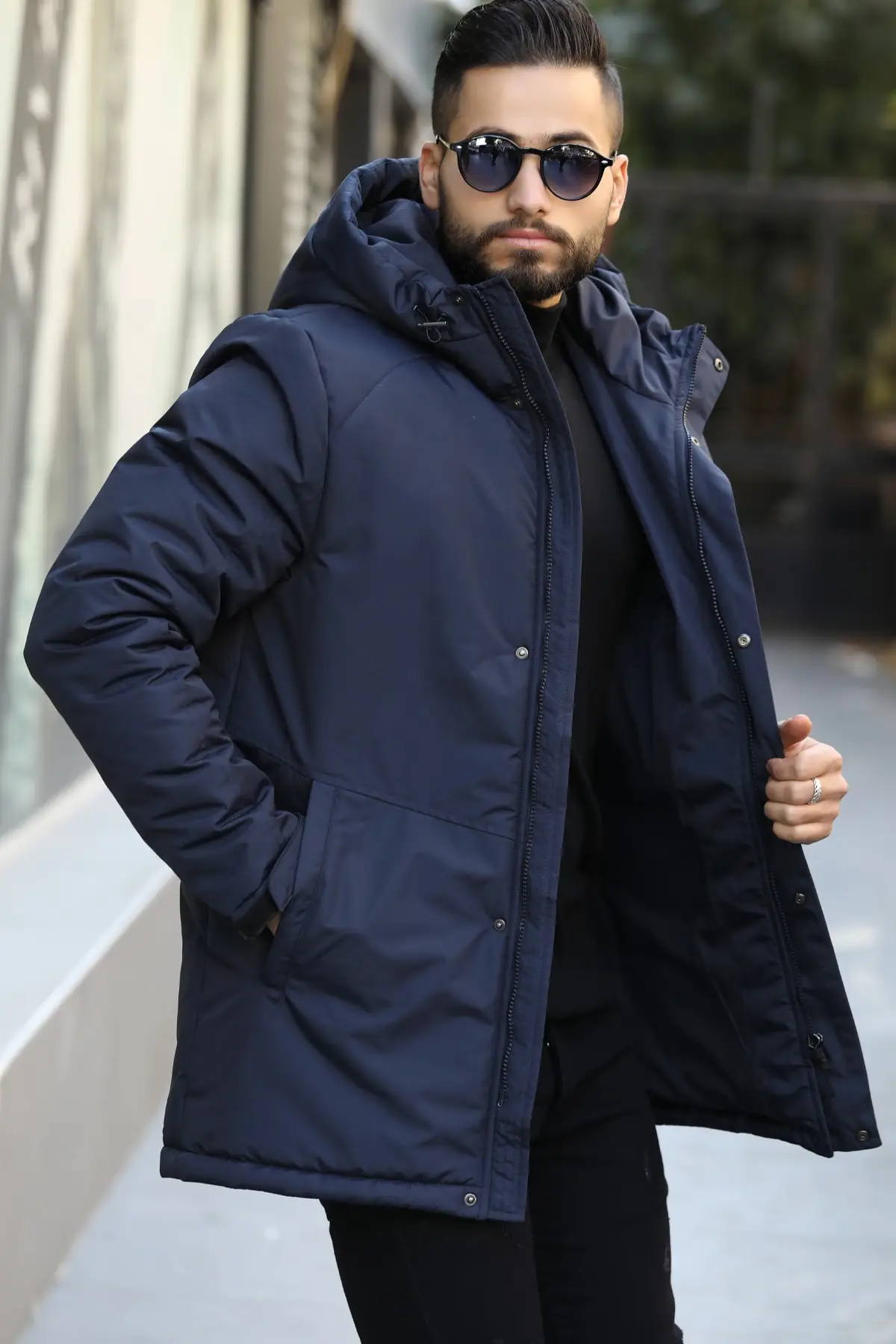 Men's Navy Blue Waterproof Hooded Windproof Coat