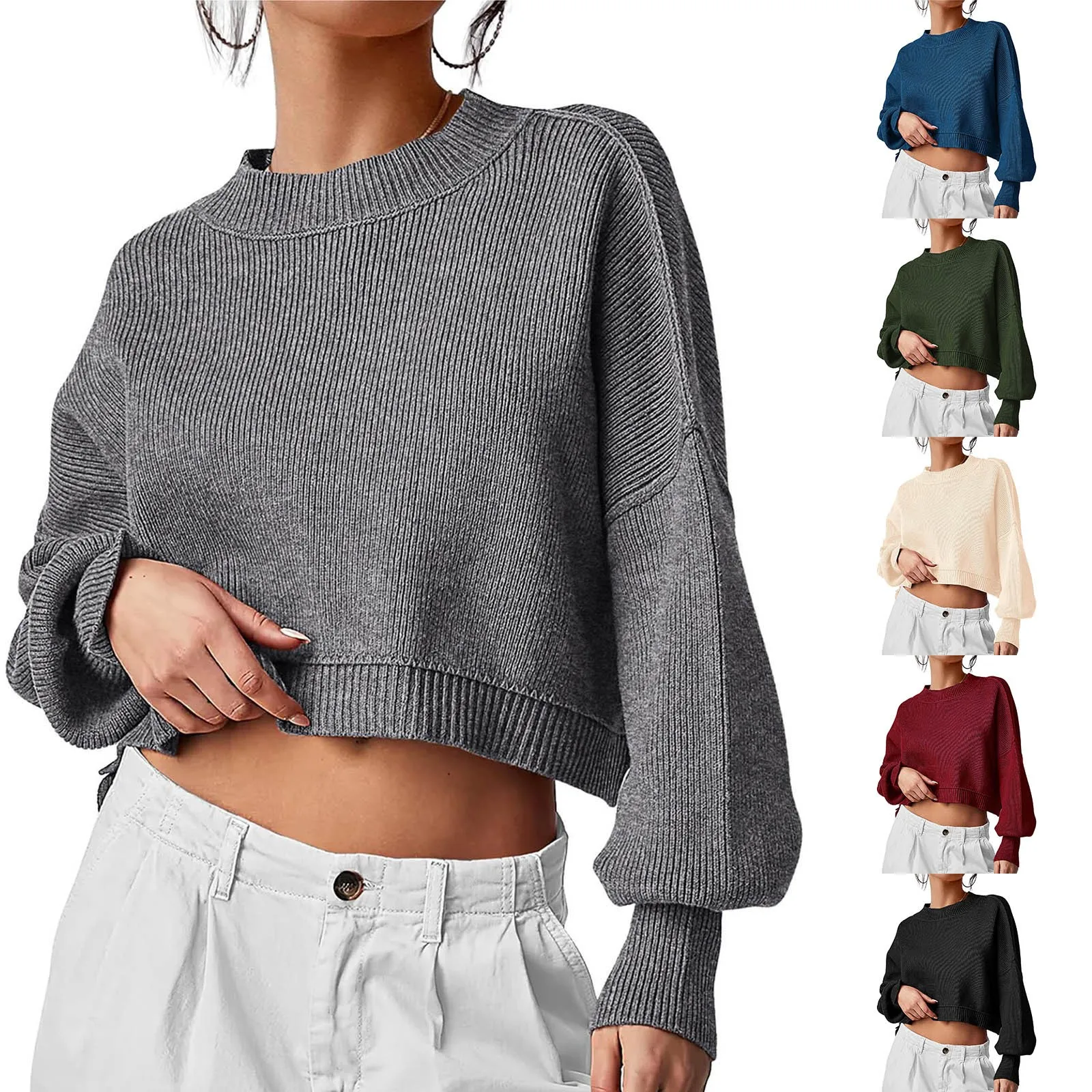 

Women's Round Neck Short Sweater 2023 Autumn Batwing Long Sleeve Rib Knit Side Split Extra Large Pullover Top Button Sweatshirts