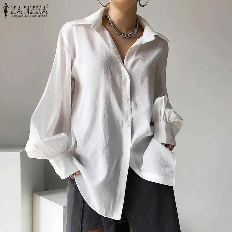

Женская Повседневная однотонная одежда, модная офисная рубашка ZANZEA с длинным рукавом и отложным воротником, винтажная Рабочая Рубашка с пу...