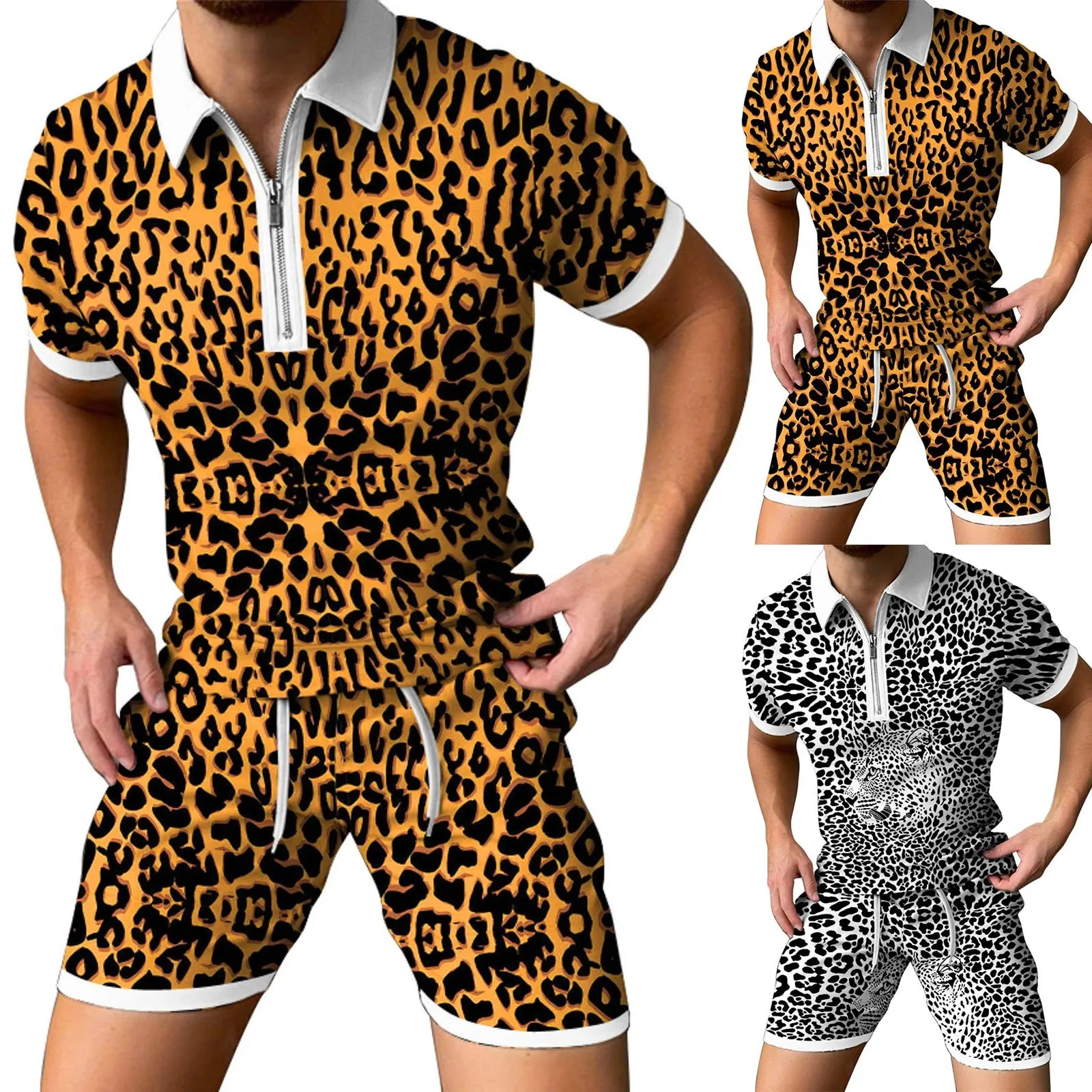 Summer 2022 Men's Leopard Print 3d Zipper Lapel Shirt Short Sleeve + Shorts Set Men's Sports Suit 2-piece Set