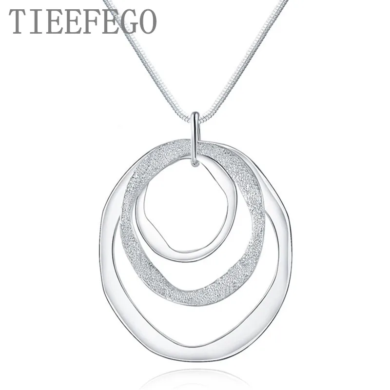 

TIEEFEGO 925 Sterling Silver 18 Inches Three Circle Pendant Chain Frosted Necklace For Women Fashion Wedding Party Charm Jewelry