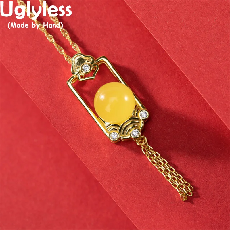 

Uglyless Retro China Chic Han Chinese Clothing Dress Jewelry Women Ethnic Tassels Gold Chains Pendants 925 Silver Amber Necklace