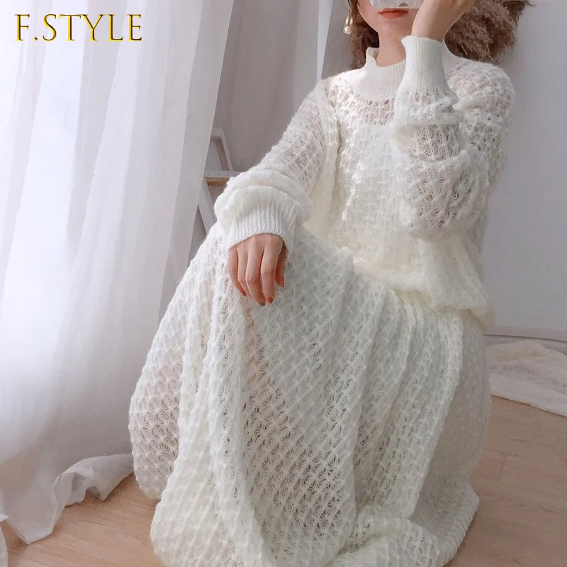 F GIRLS Temperament Autumn White Matching Sets Pullovers Half High Collar Sweaters Hollow Out Knitted Tops Loose Knitting