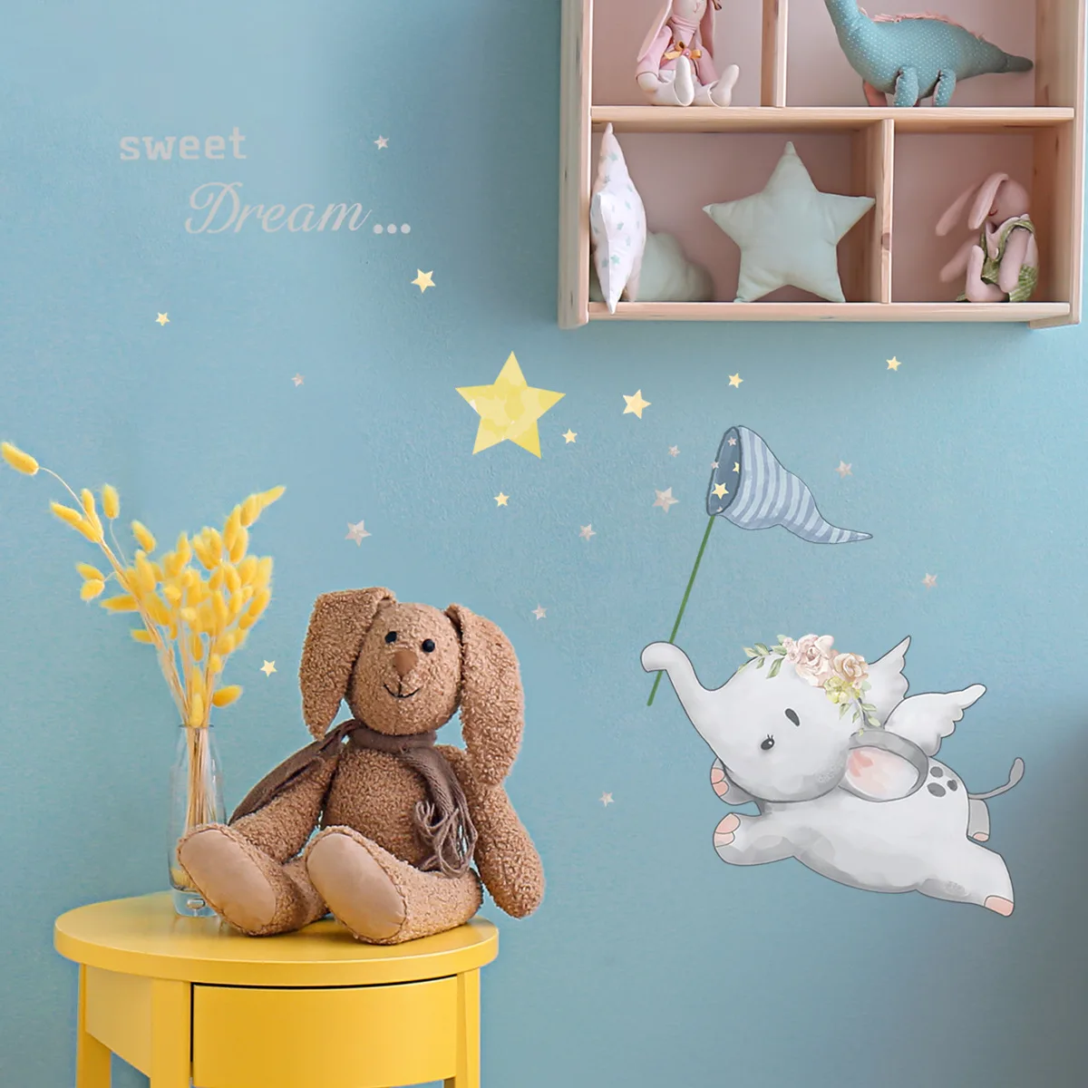 

Cartoon Luminous Flying Elephant Wall Stickers Elephant Catching Stars Glow In The Dark Decals Wall Paper Combination Stickers