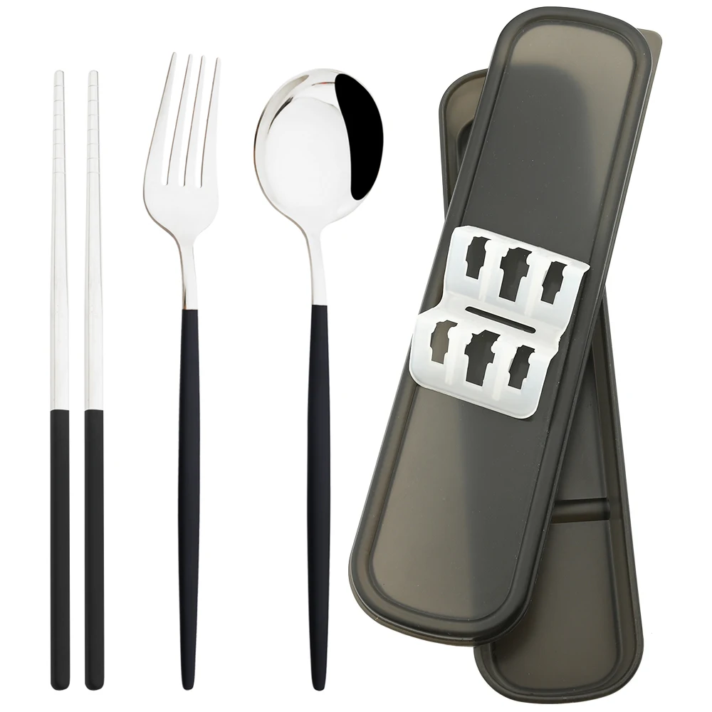 

5Pcs Travel Camping Cutlery Set Black Silver Dinnerware Stainless Steel Fork Spoon Chopsticks Tableware Set With Portable Box